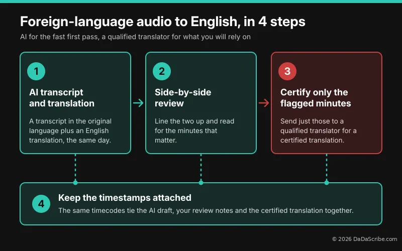 Four-step workflow to translate foreign language audio to English for legal review