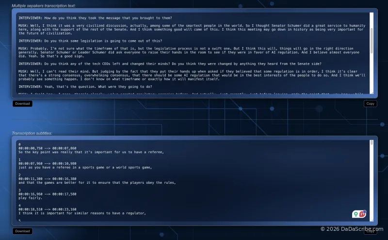 Clean transcript output with timestamps and speaker labels